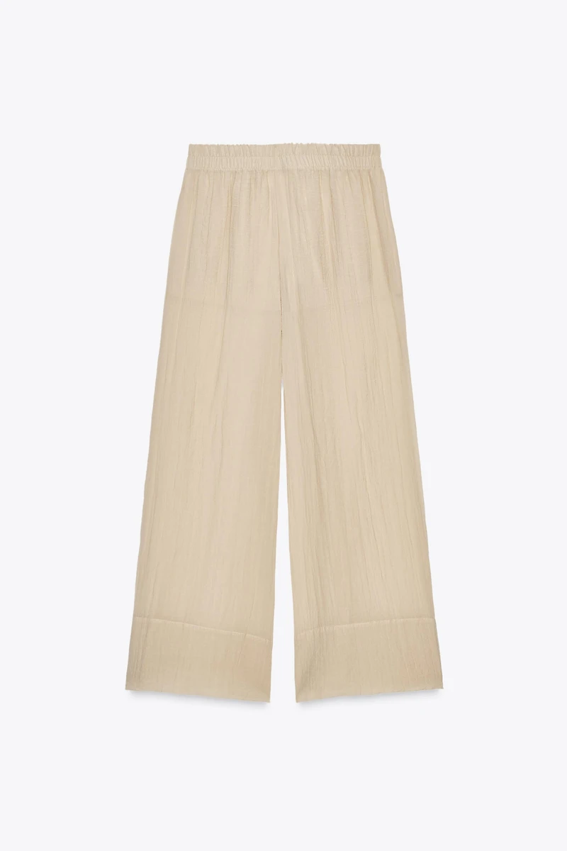 WRINKLED EFFECT SEMI-SHEER WIDE LEG PANTS