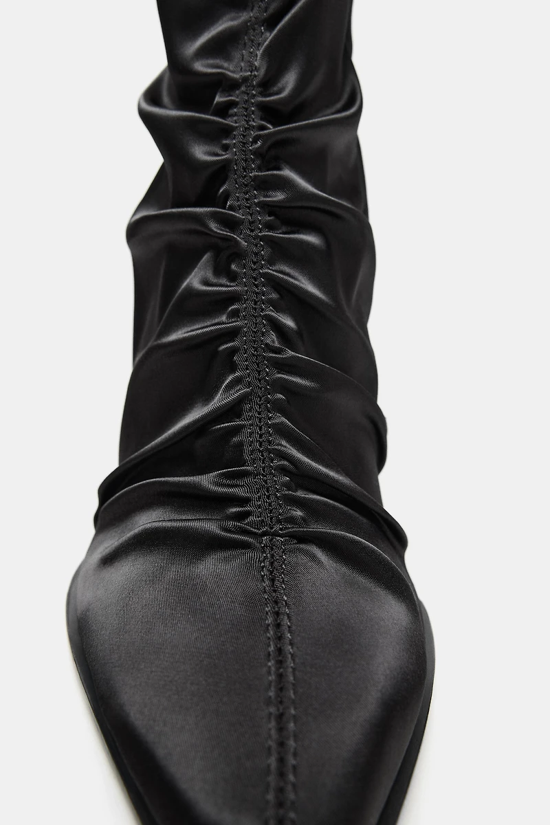 SATIN-EFFECT RUCHED HEELED ANKLE BOOTS