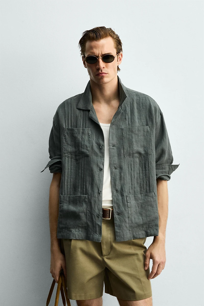 RELAXED FIT 100% LINEN PLEATED SHIRT
