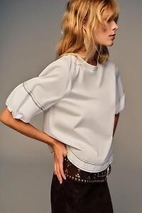 PUFF SLEEVE TOPSTITCHING SHIRT