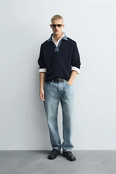 DENIM COLLAR KNIT POLO SHIRT