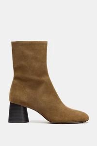 SPLIT LEATHER WIDE HEELED ANKLE BOOTS