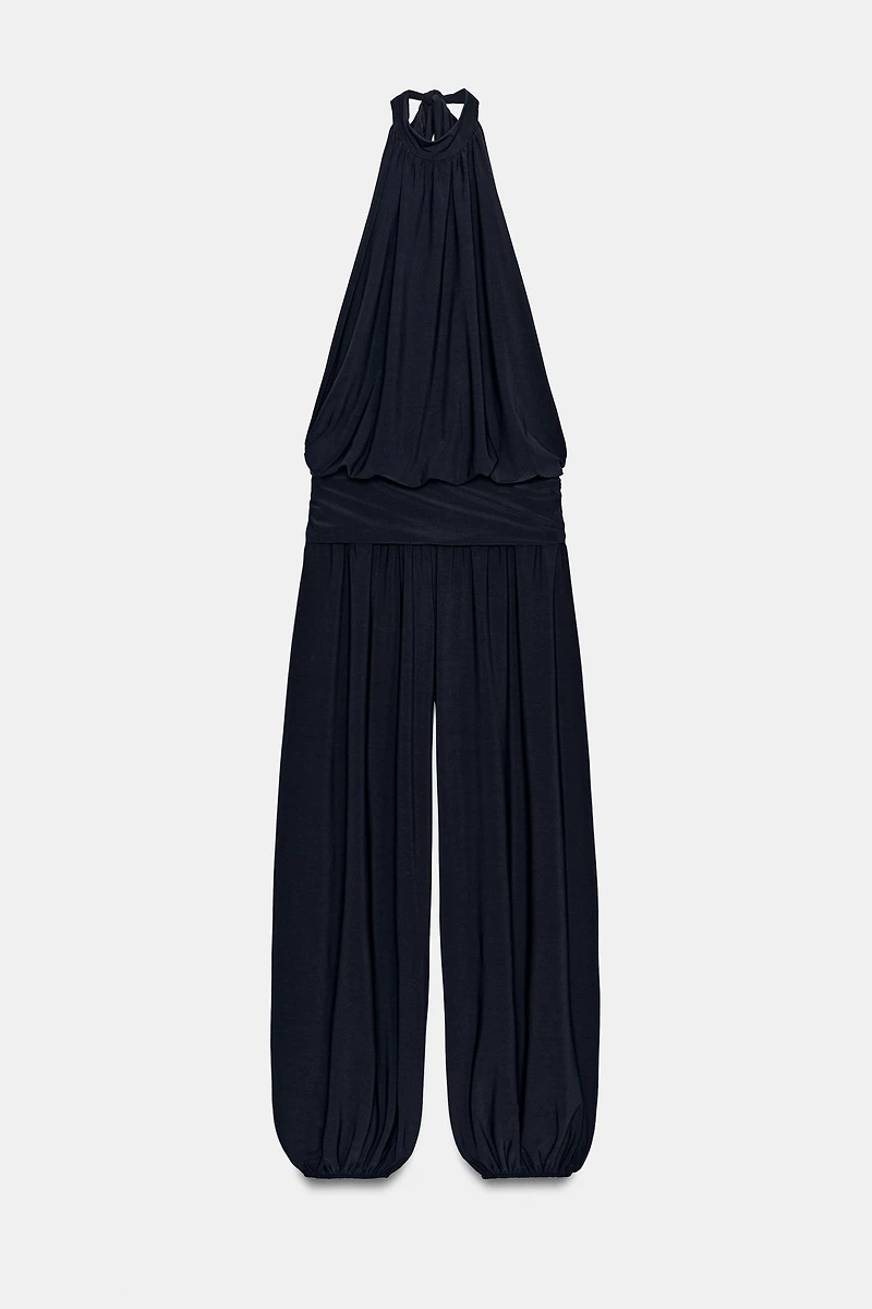 DRAPED HALTER BLOUSE JUMPSUIT