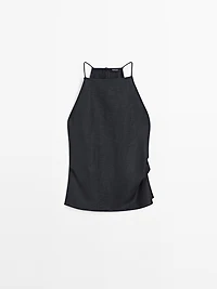 Linen blend halter top with straight neckline
