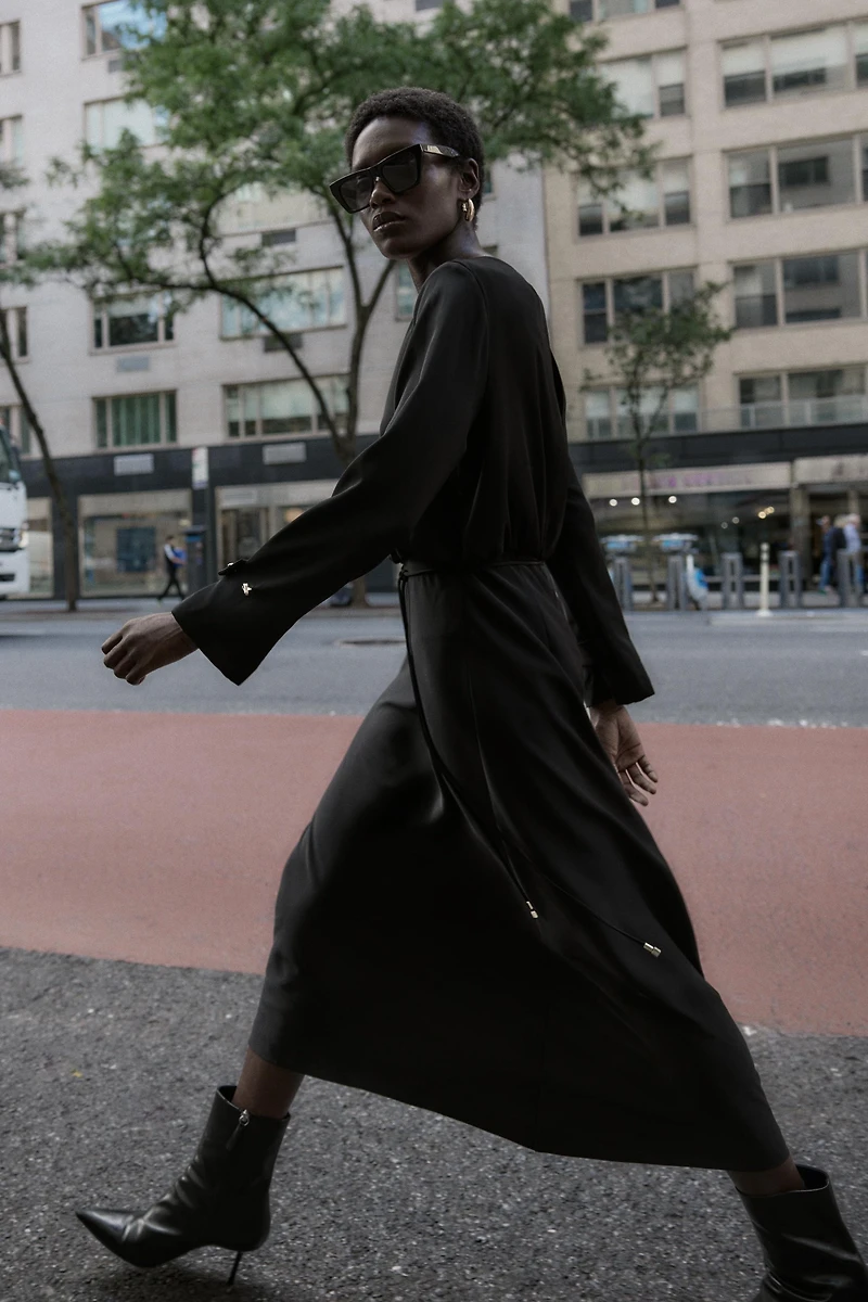 BELTED CREPE MIDI DRESS