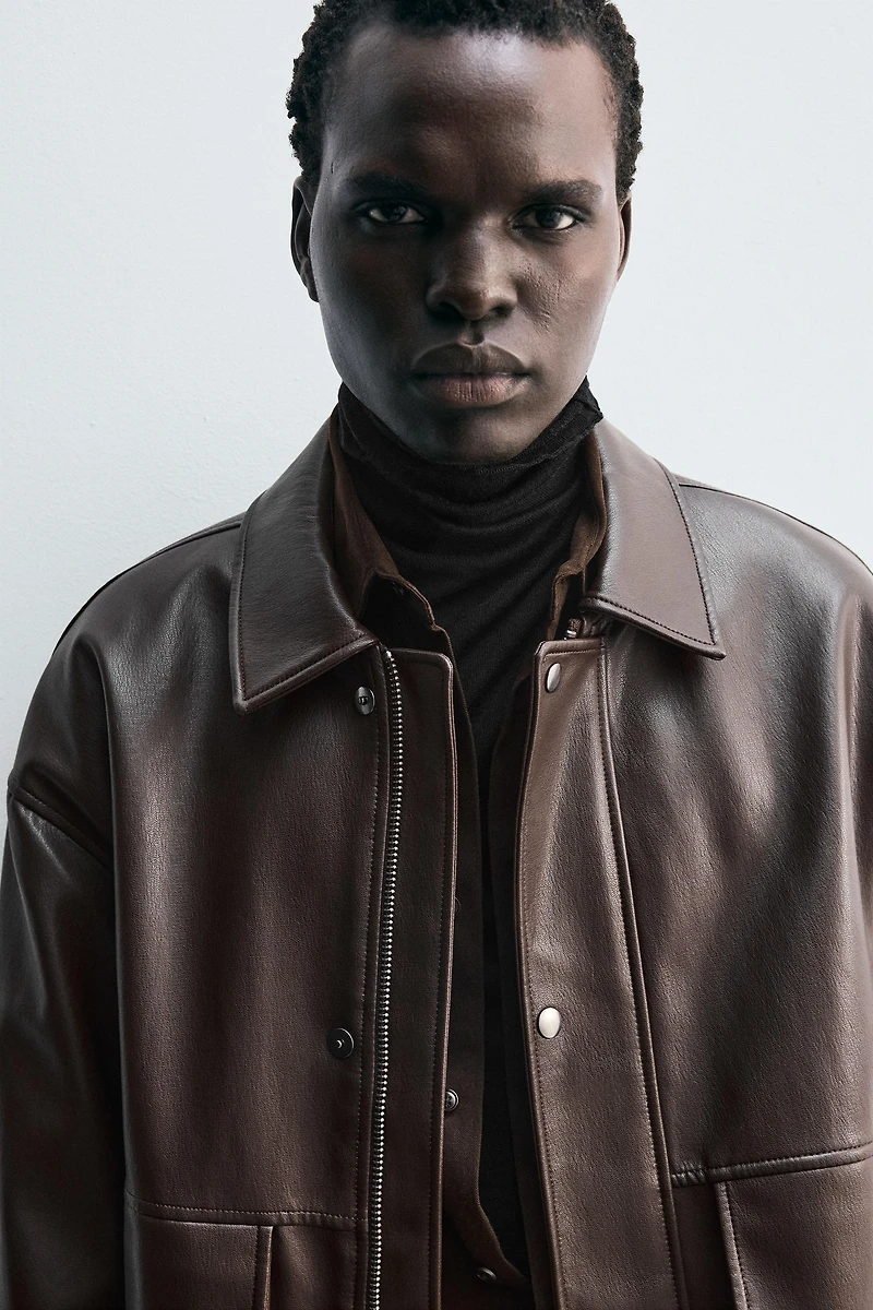 RELAXED FIT FAUX LEATHER JACKET