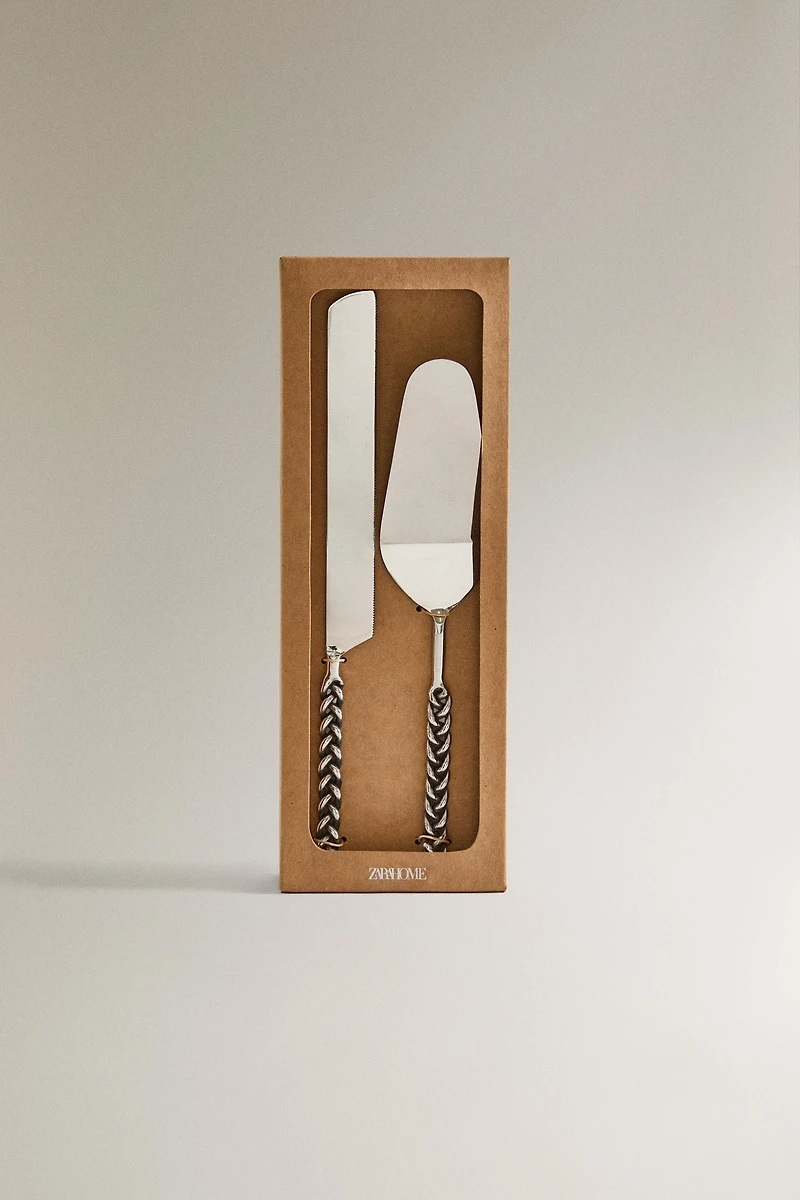 CAKE SLIDES AND KNIFE SET WITH BRAIDED METAL HANDLE