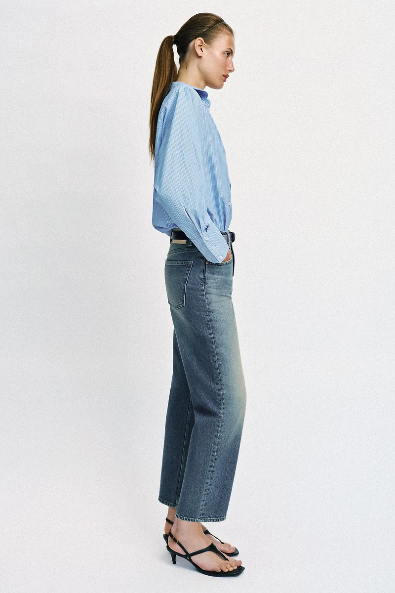 STRIPED SHOULDER PAD POPLIN SHIRT
