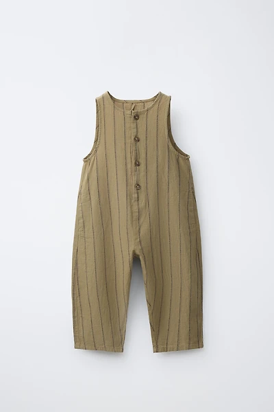 COTTON LINEN BLEND STRIPED OVERALLS