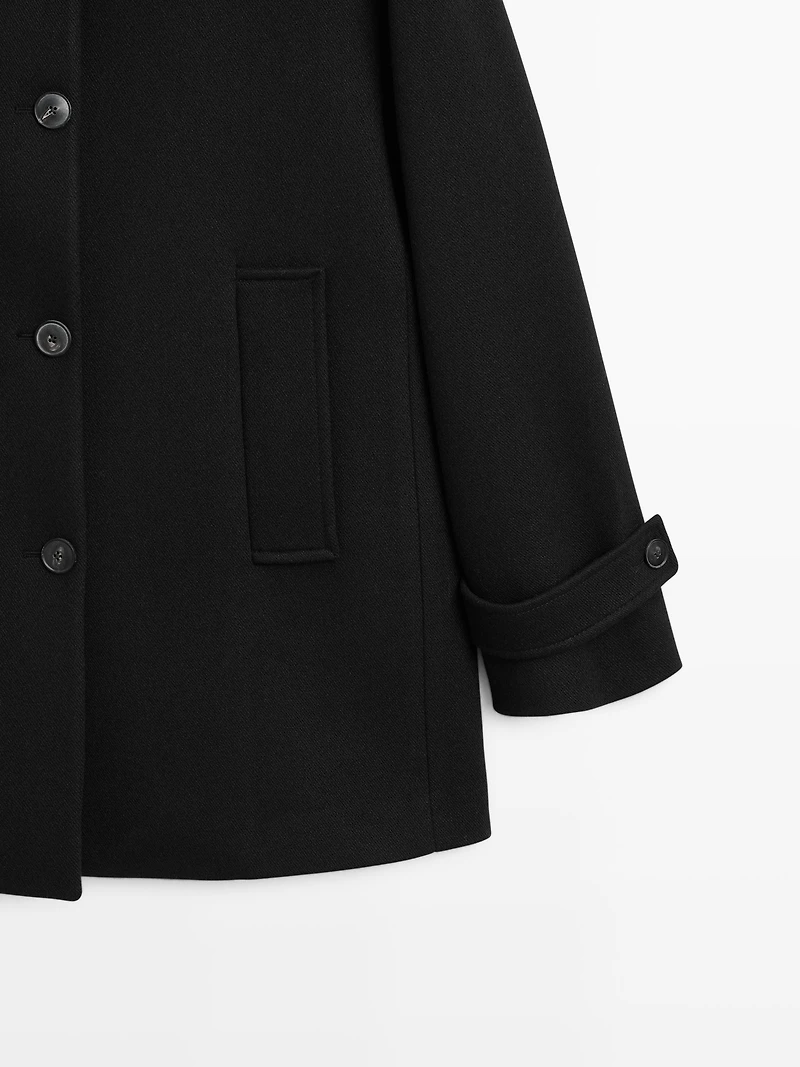 Wool blend high neck coat with button fastening