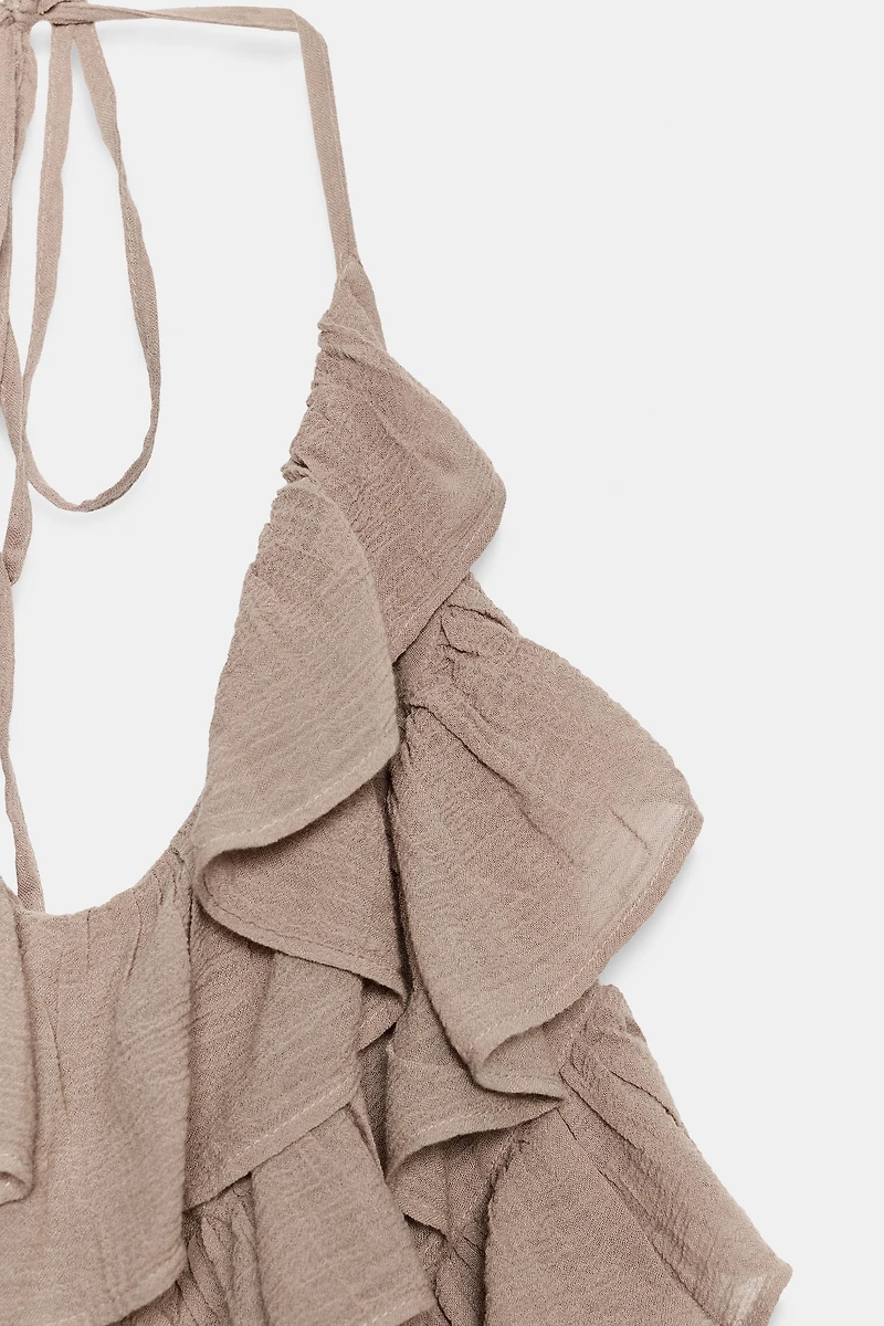 ROBE COURTE EN GAZE AVEC ENCOLURE AMÉRICAINE À VOLANTS