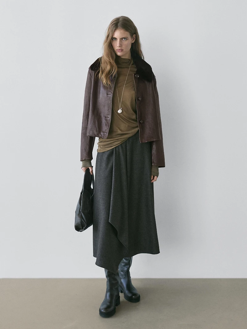 Veste en cuir nappa à col fourrure