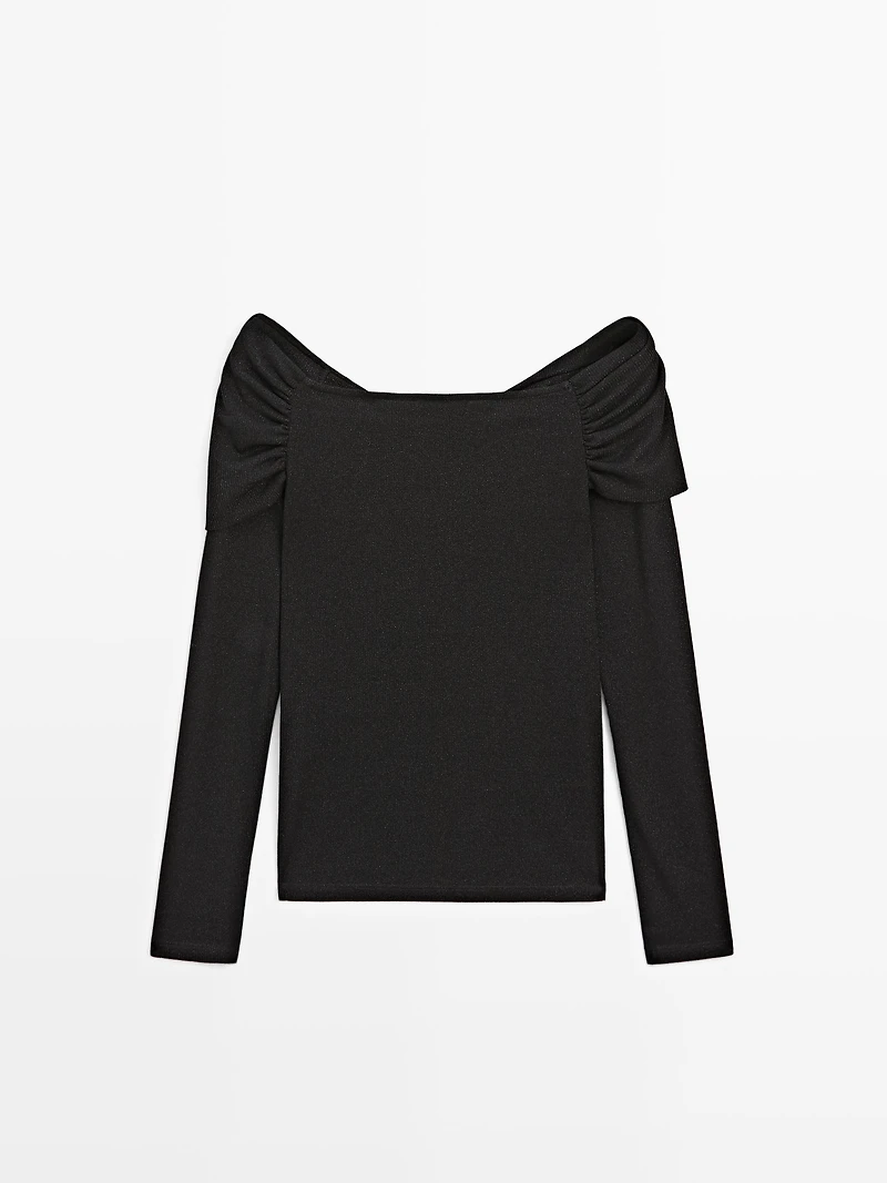 Long-sleeved ribbed T-shirt with metallic finish