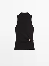 Funnel neck top with brooch detail