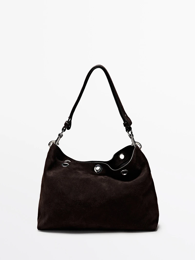 Split suede leather bag with eyelets