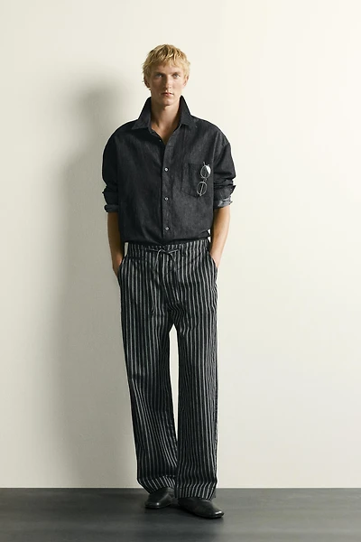 STRIPED COTTON-LINEN DENIM PANTS
