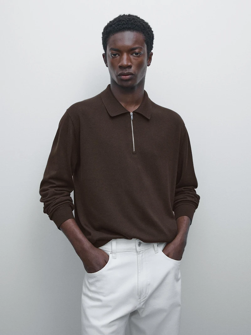 Knit polo sweater with zip