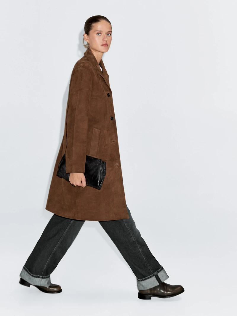 Manteau long en cuir finition daim