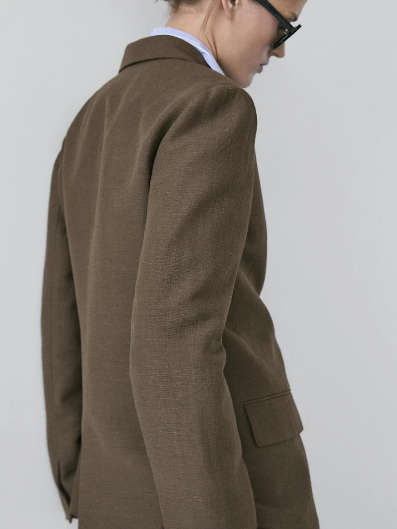 Double-breasted cotton blend blazer with tie detail