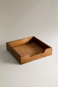 WOOD AND RATTAN NAPKIN HOLDER