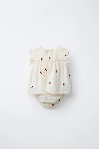 ENSEMBLE BLOUSE ET CULOTTE TEXTURE CERISES BRODÉES
