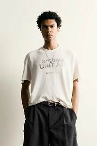 WASHED COTTON-LINEN T-SHIRT WITH TEXT