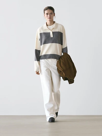 Striped knit sweater with polo collar