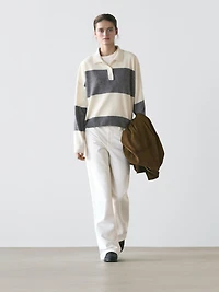 Striped knit sweater with polo collar