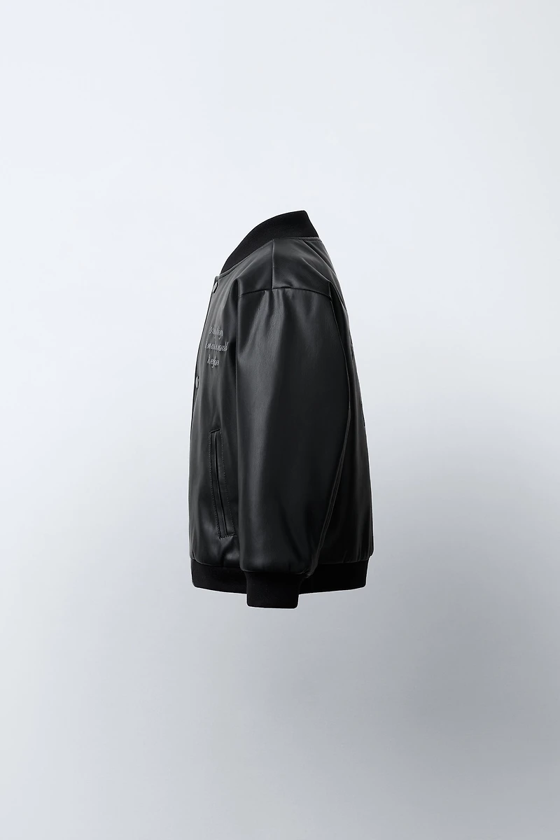 EMBROIDERED TEXT FAUX LEATHER BOMBER JACKET