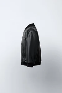 EMBROIDERED TEXT FAUX LEATHER BOMBER JACKET
