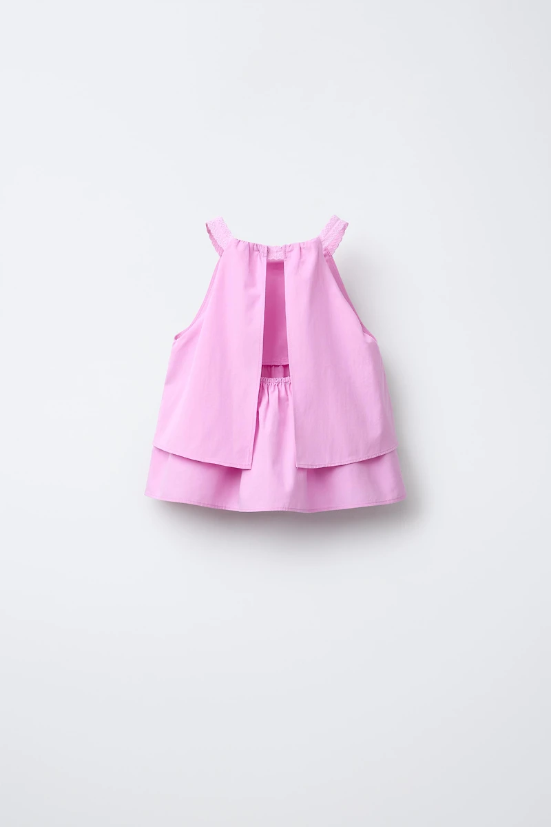 TOP EN POPELINE DOUBLE VOLANT DENTELLE