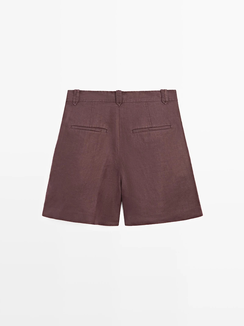 100% linen short pleated Bermuda shorts