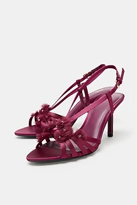 SATIN EFFECT FLORAL HEELED SANDALS