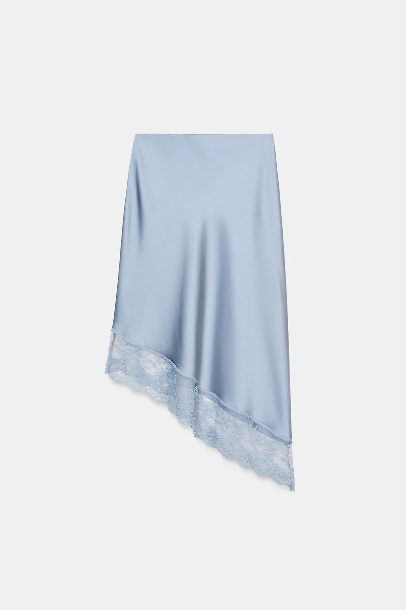 SATIN EFFECT MIDI SKIRT WITH ASYMMETRIC HEM AND LACE