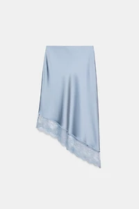 SATIN EFFECT MIDI SKIRT WITH ASYMMETRIC HEM AND LACE