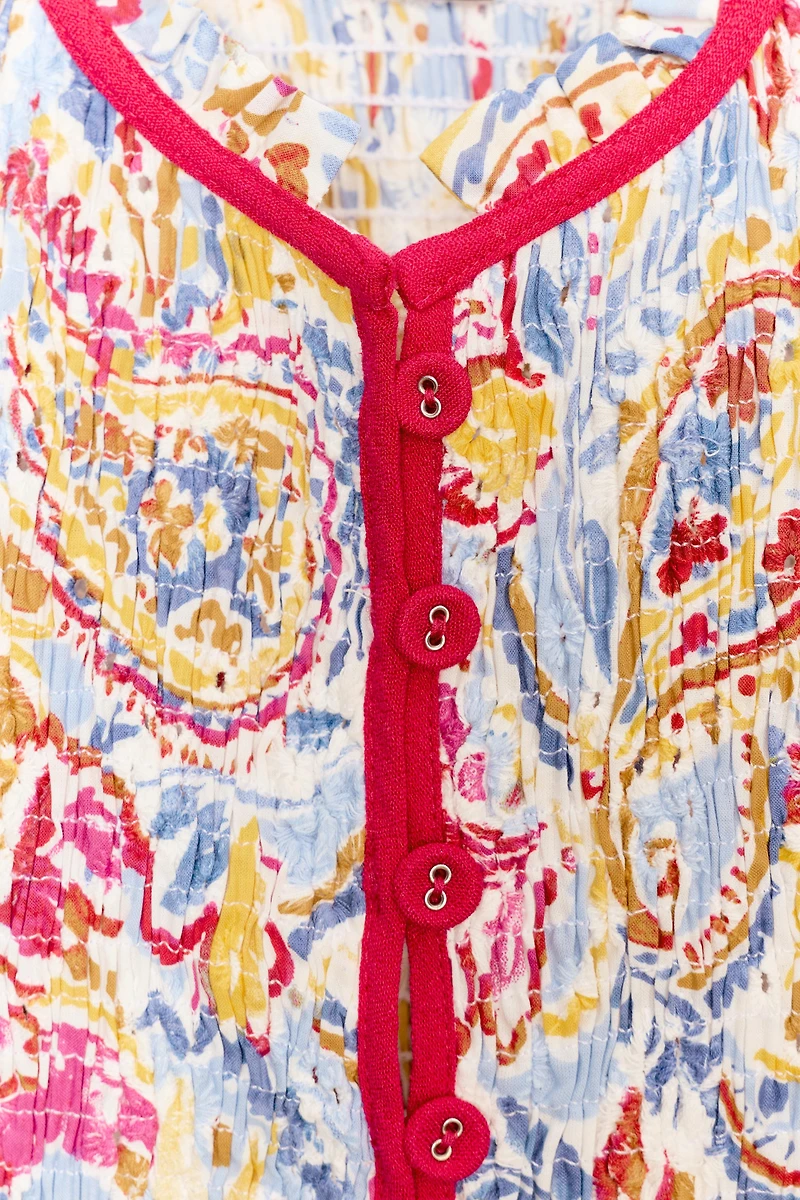 PRINTED EMBROIDERED EYELET TOP