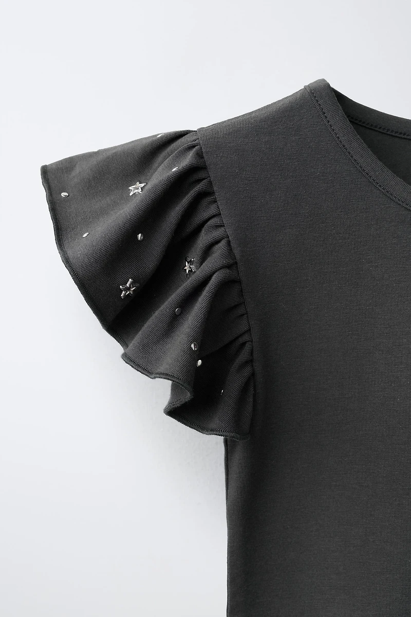 STUDDED RUFFLE SLEEVE BODYSUIT