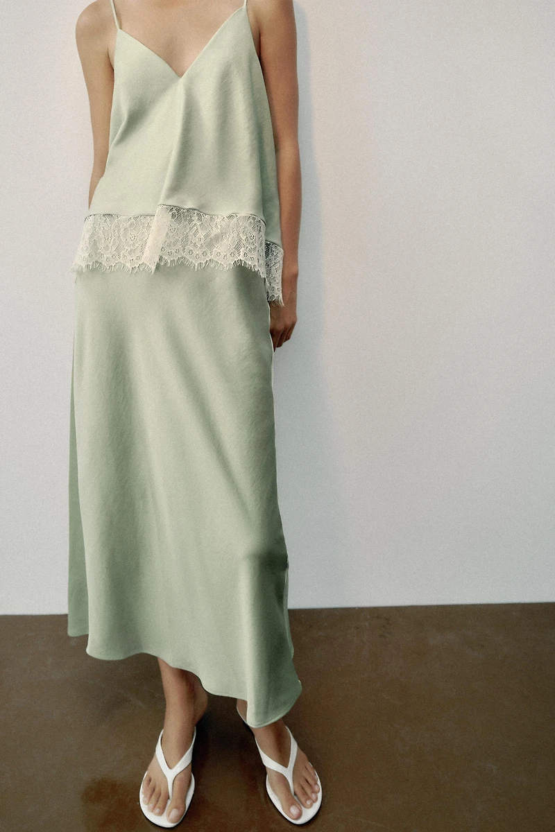 Lace-Trimmed Satin Midi Slip Dress
