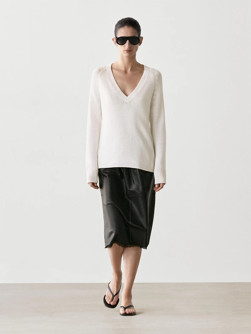 Nappa leather midi skirt with lace detail