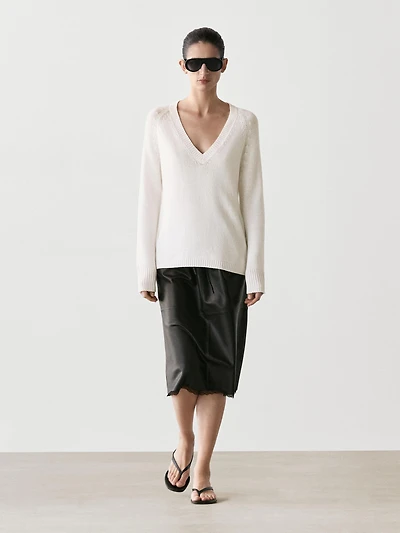 Nappa leather midi skirt with lace detail