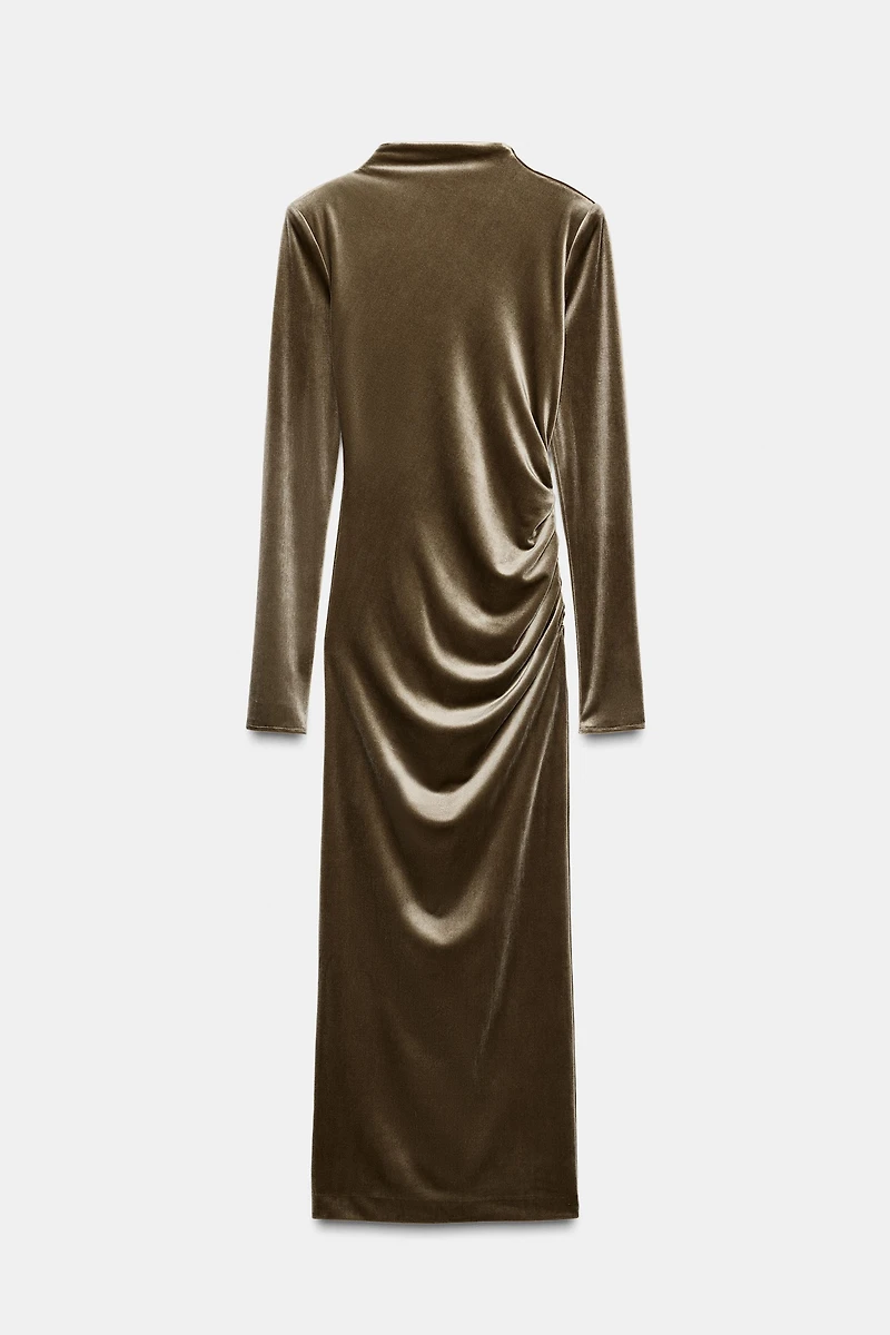 DRAPED VELVET DRESS WITH SHOULDER PADS