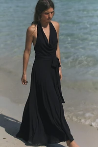 ROBE MI-LONGUE HALTER EN GAZE AVEC NŒUD