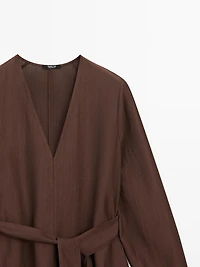 Flowing linen blend midi dress with belt