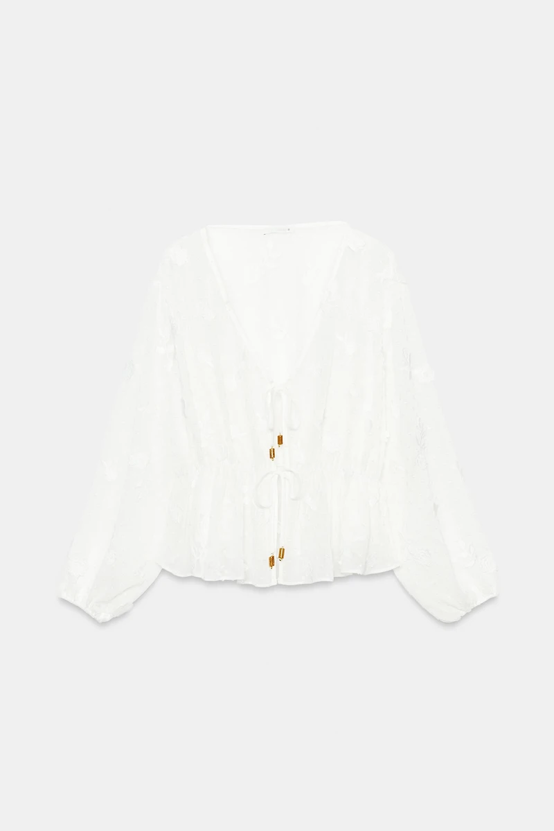 EMBROIDERED DOTTED MESH BLOUSE