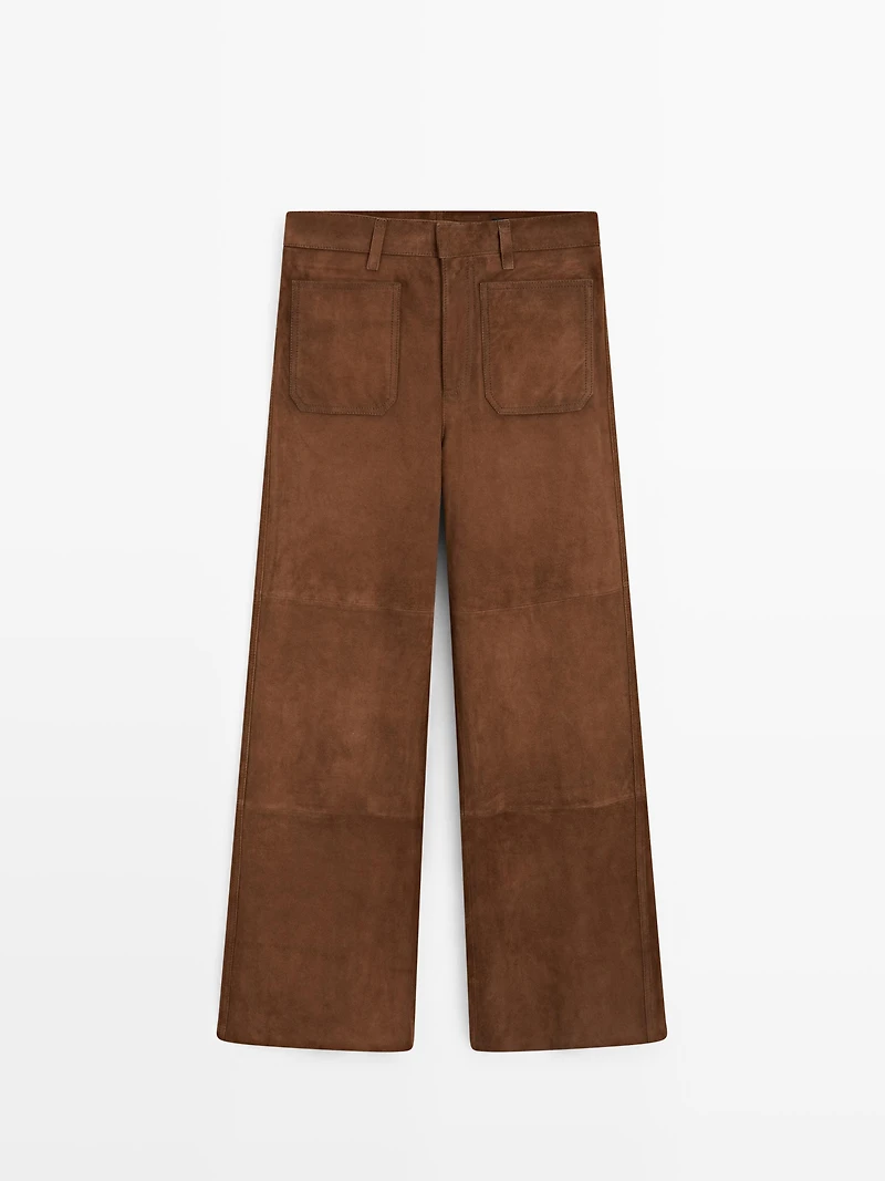 Pantalon large poches cuir daim