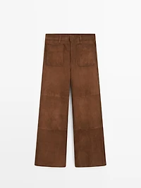 Pantalon large poches cuir daim