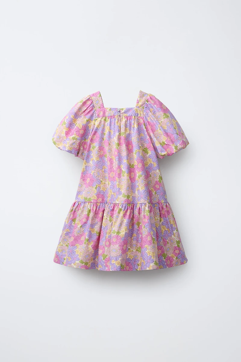 FLORAL POPLIN BALLOON SLEEVE DRESS