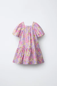 FLORAL POPLIN BALLOON SLEEVE DRESS