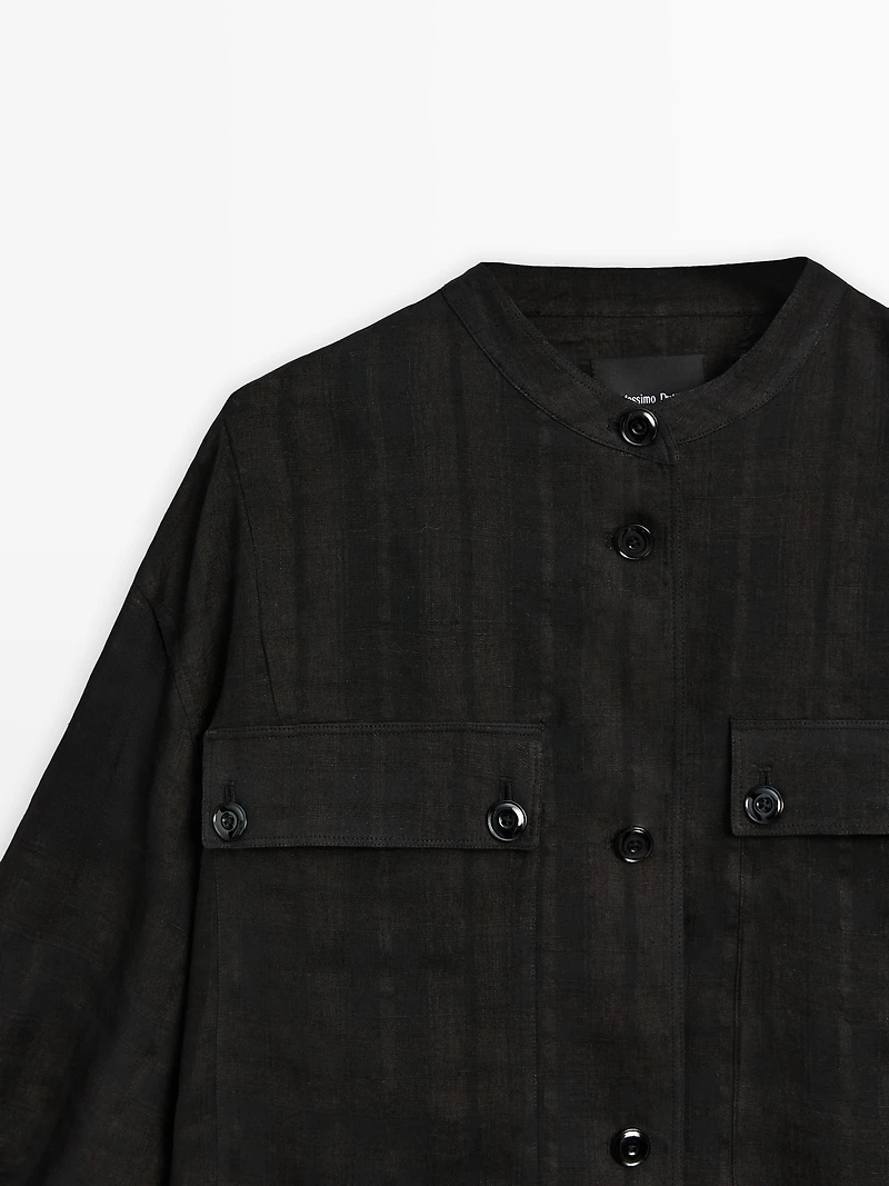 Linen blend check bomber jacket