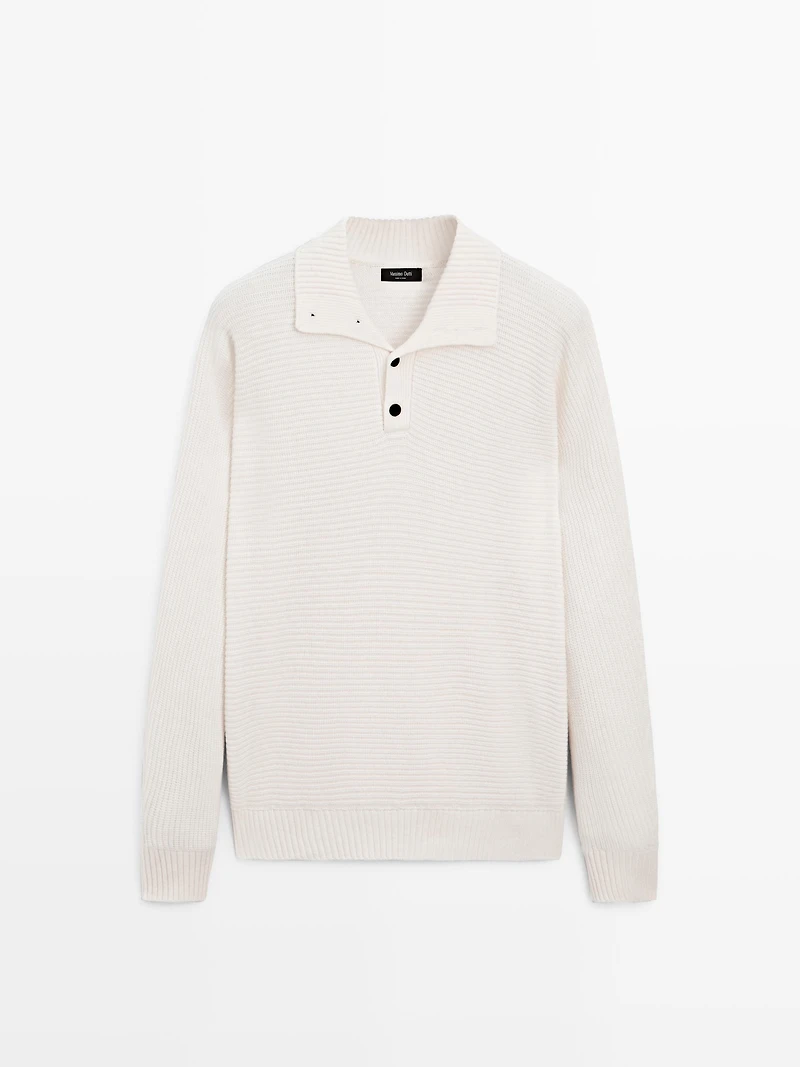 Knit sweater with mock button neck